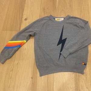 Aviator Nation Grey Sweatshirt with Black Lightning and Rainbow Sleeve